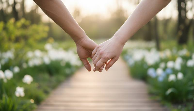 Two people holding hands outdoors at sunset