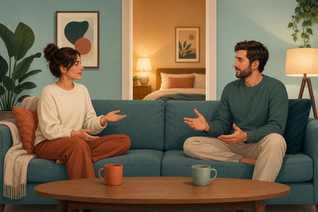 Two adults sit apart on a sofa facing each other, with open hands and two mugs on a table between them.